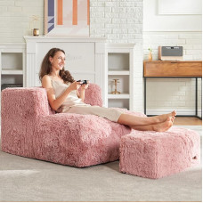 Hobestluk Large Bean Bag with Ottoman, Large Bean Bag for Adults, Plush Bean Bag, Foam Chair, Lazy Sofa with Footstool for Living Room, Bedroom, Apartment (Pink)