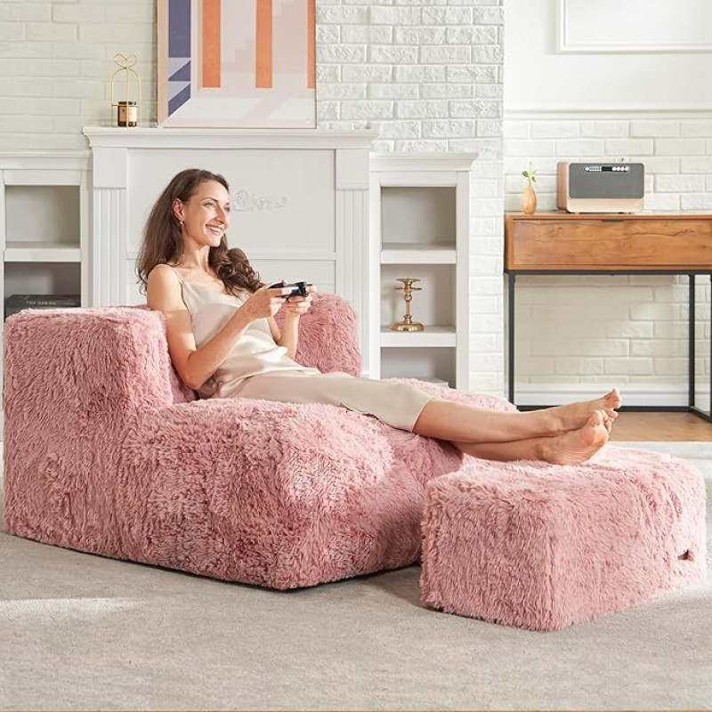 Hobestluk Large Bean Bag with Ottoman, Large Bean Bag for Adults, Plush Bean Bag, Foam Chair, Lazy Sofa with Footstool for Living Room, Bedroom, Apartment (Pink)
