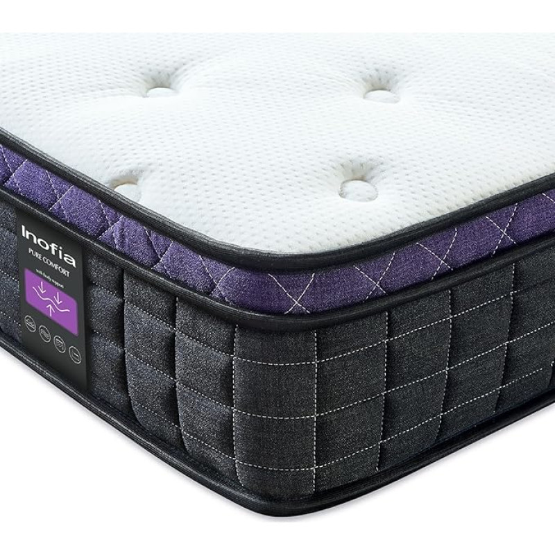 Inofia 7-Zone Spring Mattress 25 cm Height Pocket Spring Mattress Hardness H3 SMAX Collection Air Circulation Extra Pressure Relief 100 Nights Test Sleep, 90 x 190 cm