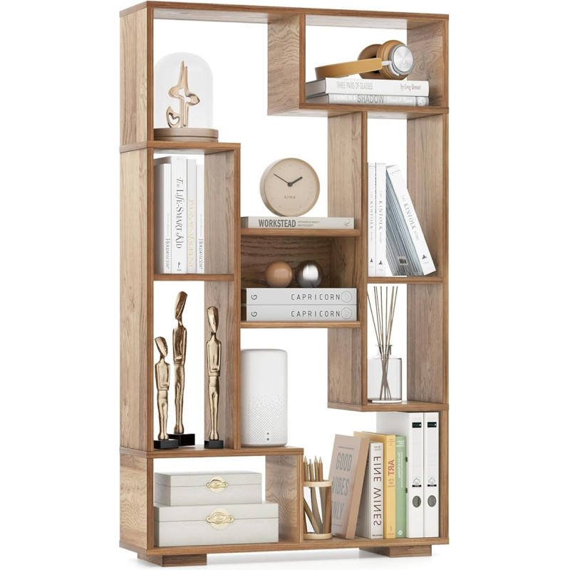 COSTWAY 120 cm Bookcase with 9 Compartments, Standing Shelf, Room Divider, Geometric, Multi-Purpose Shelf, Wood, Freestanding Storage Shelf with Tilt Protection for Office, Living Room (Wood)