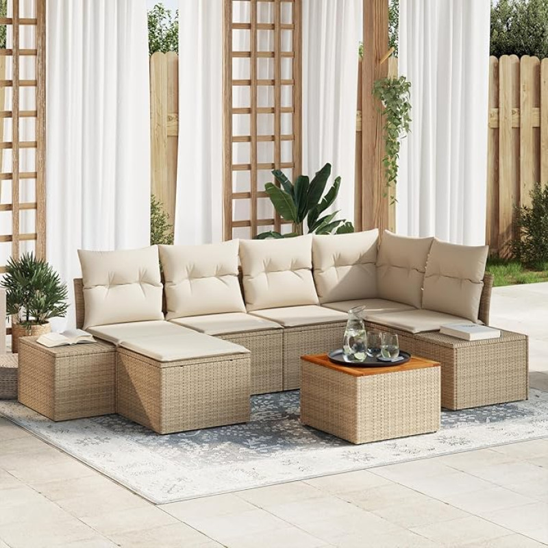 Rantry 7-teiliges Garten Sofa Set mit Kissen Beige Poly Rattan Akazie Gartenlounge Model3347981