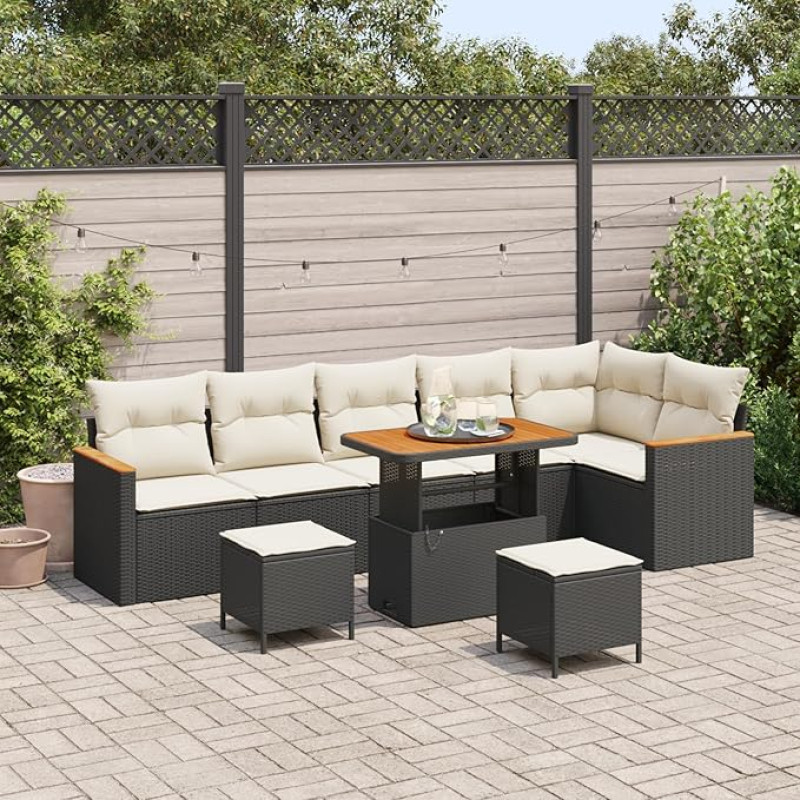 Rantry 9-teiliges Garten Sofa Set mit Kissen Schwarz Poly Rattan Akazie Gartenlounge Model3363065