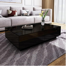Living Room Side Table with Storage Space 4 Drawers LED Lighting Wood Rectangular High Gloss Surface Coffee Table Coffee Table Living Room Table Sofa Table Couch Table Wood (Black)