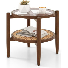 LIFEZEAL Solid Wood Side Table, Modern Glass Table, Living Room Table with 2 Levels, Round Coffee Table for Living Room & Bedroom, 56 x 56 x 46 cm, Brown