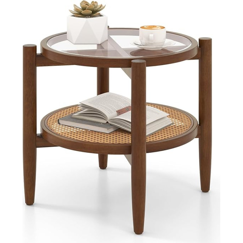 LIFEZEAL Solid Wood Side Table, Modern Glass Table, Living Room Table with 2 Levels, Round Coffee Table for Living Room & Bedroom, 56 x 56 x 46 cm, Brown