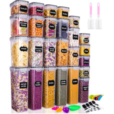 25 säilituspurgi komplekt (9 x 0,8 L + 6 x 1,4 L + 5 x 2 L + 5 x 2,8 L) õhukindlad säilituspurgid kaanega säilituskarp köögi organiseerija plastist toidu säilitamise konteinerid spagetile, jahule, teraviljale,