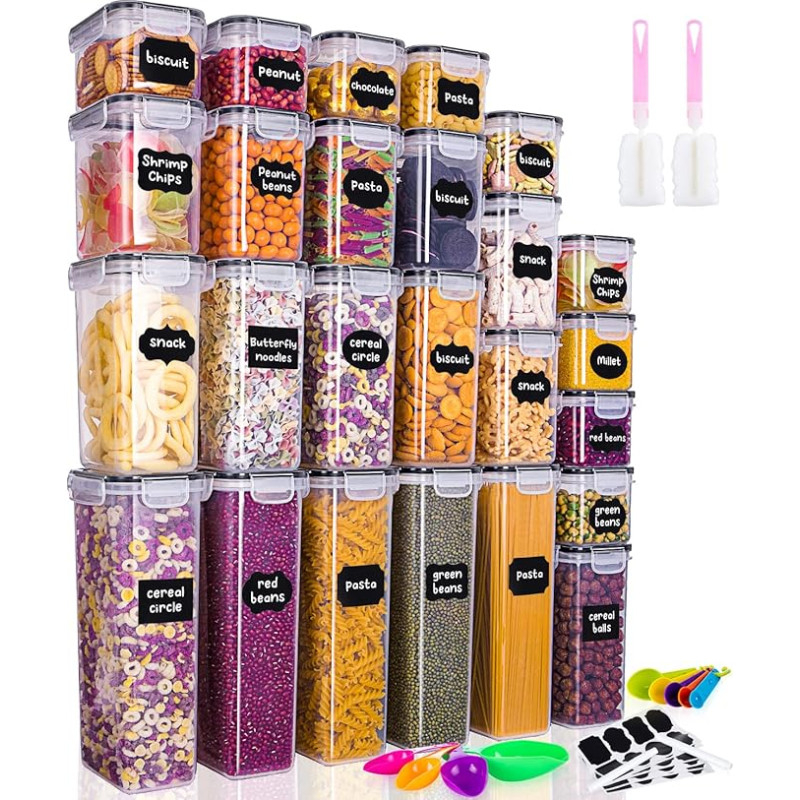 25 säilituspurgi komplekt (9 x 0,8 L + 6 x 1,4 L + 5 x 2 L + 5 x 2,8 L) õhukindlad säilituspurgid kaanega säilituskarp köögi organiseerija plastist toidu säilitamise konteinerid spagetile, jahule, teraviljale,