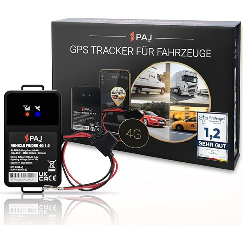 PAJ GPS - 4G GPS Tracker for Motorcycle, Car and Vehicles - Direct Connection 9-75 V, Anti-Theft Protection, Live Location via App, 365 Days Distance Memory (4G - Attaches to Battery 40 cm Cable)