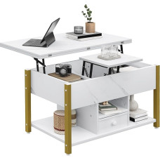 YITAHOME Coffee Table with Height Adjustable, 4-in-1 Multifunctional Coffee Table with Storage Space, Coffee Table Converts into a Dining Table for the Living Room, White Marble