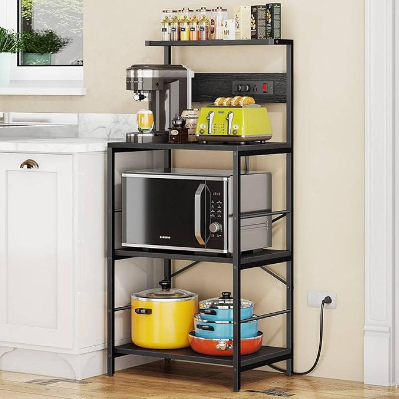 Anycoo Baker's Rack with 3 Sockets, 4 Tier Kitchen Microwave Stand with Storage, Freestanding Kitchen Rack Stand, 60L x 40W x 130H cm, Coffee Bar Table, Black