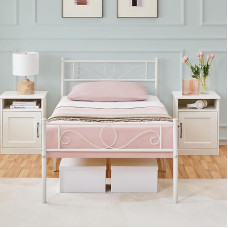 Yaheetech Bed Frame 90 x 200 cm Metal Bed with Slatted Frame Single/Double Bed Guest Bed Youth Bed with Headboard for Bedroom Guest Room White