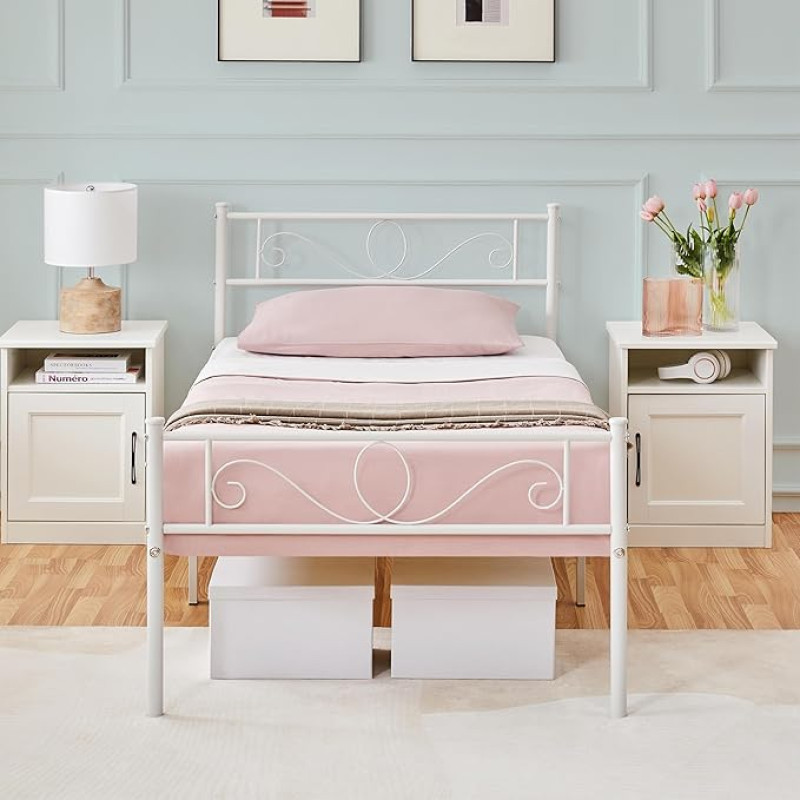 Yaheetech Bed Frame 90 x 200 cm Metal Bed with Slatted Frame Single/Double Bed Guest Bed Youth Bed with Headboard for Bedroom Guest Room White