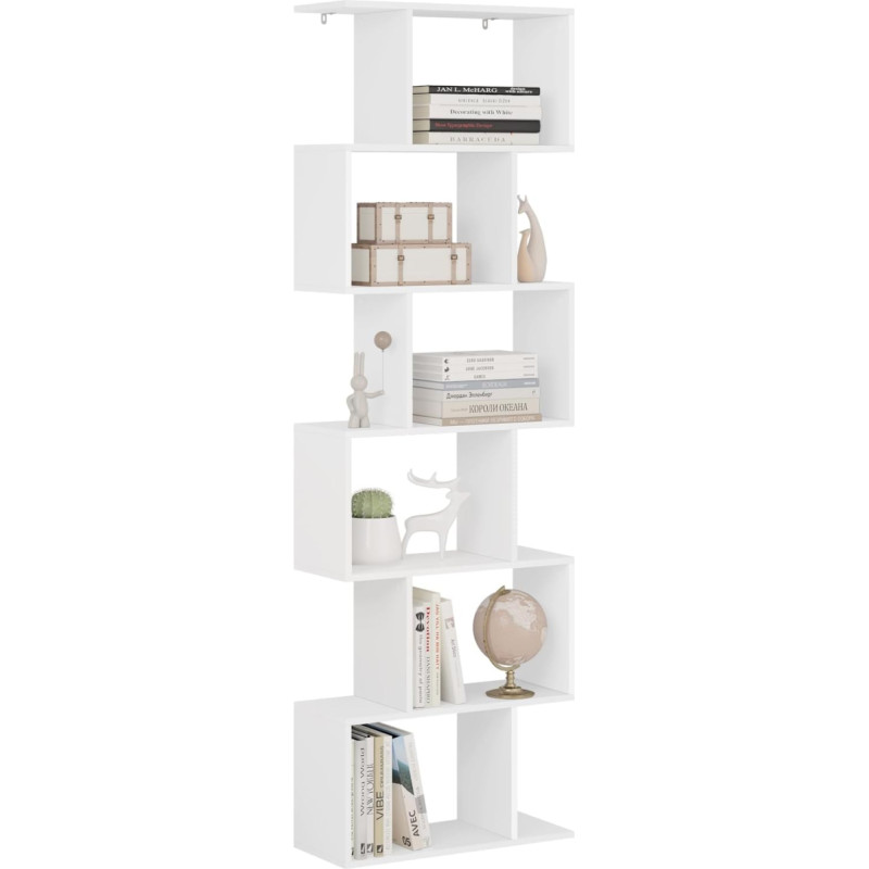 WOLTU SK044ws Bookcase with 6 Levels, White Bookcase, Standing Shelf, Storage Shelf, Office Shelf, Room Divider, S-shaped, Modern, for Living Room, Bedroom, Office, 60 x 189.5 x 24 cm