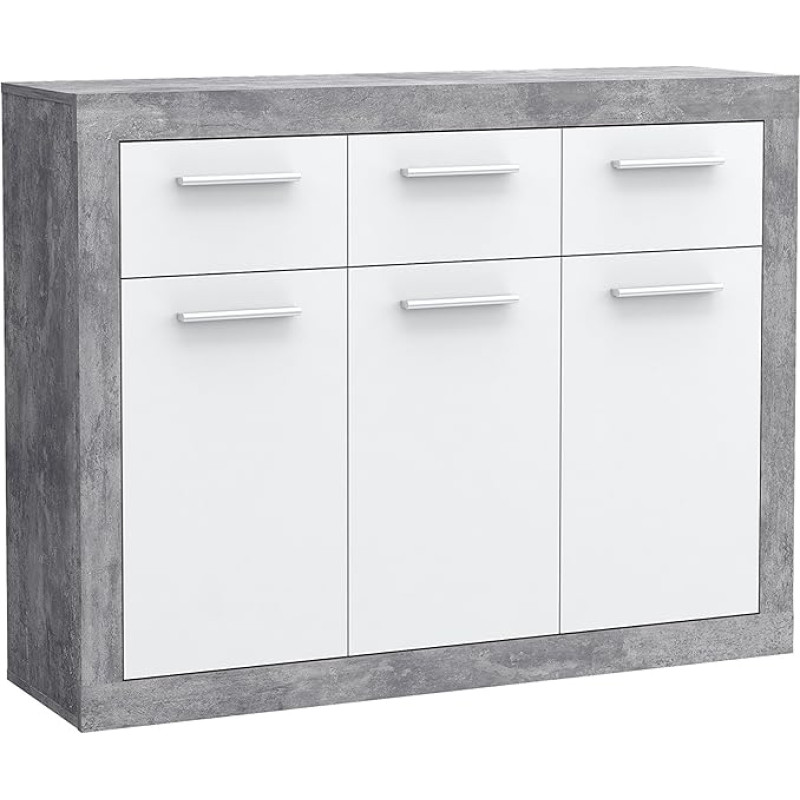 FORTE Baccio Chest of Drawers with 3 Doors and 3 Drawers, Wood Composite, Concrete Look, Light Grey/White, 117.90 x 34 x 91.50 cm