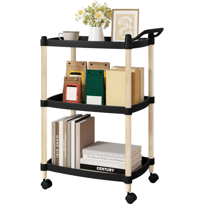 WOLTU Serving Trolley 3 Levels, Kitchen Trolley with Handle Brakes, Niche Shelf on Wheels, Rolling Shelf for Living Room, Kitchen, Office, Trolley Plastic Wood, 52.5 x 73 x 33 cm, Black