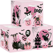 Clastyle Pack of 3 Scary Halloween Children's Fabric Storage Boxes for Kallax Foldable Storage Basket Small Boys Girls Cupboard Organiser Wardrobe for Shelf, Pink, 30 x 30 x 30 cm