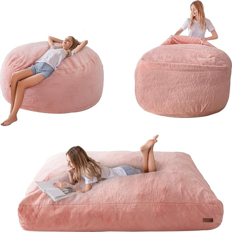 MAXYOYO Bean Bag Bed - Convertible from Bean Bag Chair to Bed - Foam Sofa with Shaggy Cover and Fluffy Filling for Adults, Teenagers, Guests (Pink, 135 x 190 cm)