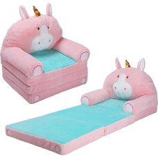 Plush Foldable Children's Sofa Back Chair 2 in 1, Soft Cartoon Children's Chair with Zip, Stable Lightweight Flip Open Children's Chair for Bedroom Living Room, Unicorn