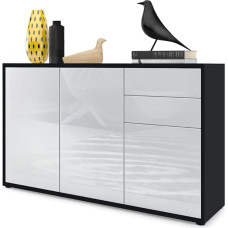 Vladon Ben V3 Sideboard, Chest of Drawers with 3 Doors and 2 Drawers, Matte Black/High-Gloss White (117 x 74 x 36 cm)