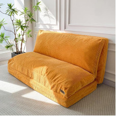 MAXYOYO Bean Bag Bed, Foldable Corduroy Sofa Bed, Floor Mattress for Adults, Extra Thick, 4 Fold Floor Couch for Bedroom, Living Room, Beige, 135 x 240 cm