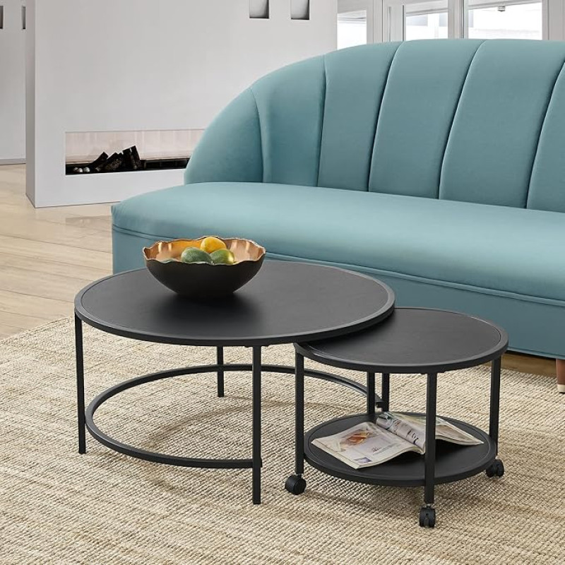[en.casa] Værøy Coffee Table Set of 2 Round Sofa Table 40 x 80 cm Living Room Table Black Matt
