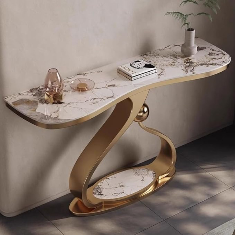 Moderner Eingangstisch – 150 cm Konsolen-Sofatisch mit geometrischem Metallsockel für Wohnzimmer, Flur, Foyer, Eingang (Gold-Finish) – stilvolle und funktionale Akzentmöbel