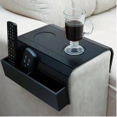 EOFJRUC Foldable Armrest Tray Table for Couch with Drink Holder & Side Pockets, 4-in-1 Non-Slip Sofa Arm Rest for Drinks, Tablet, Remote Control and Snacks (Black)