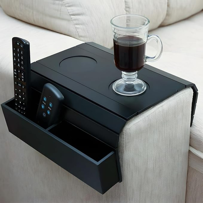 EOFJRUC Foldable Armrest Tray Table for Couch with Drink Holder & Side Pockets, 4-in-1 Non-Slip Sofa Arm Rest for Drinks, Tablet, Remote Control and Snacks (Black)