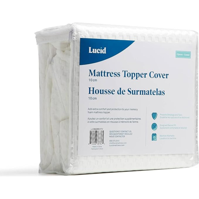LUCID Mattress Topper Cover - Non-Slip - Soft and Breathable - Machine Washable with Zip (Topper Not Included) - 90 x 190 cm, 10 cm Height