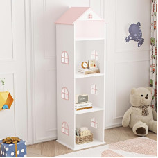 [en.casa] Vipsali Children's Bookcase in House Look, Children's Room Shelf with 4 Open Compartments, Storage Shelf, Toy Shelf, White/Pink