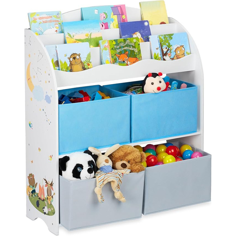 Relaxdays Children's Shelf, 4 Boxes, Campfire Motif, Toy Storage, Children's Room Shelf, HBT 98 x 82.5 x 30 cm, Colourful, Pack of 1