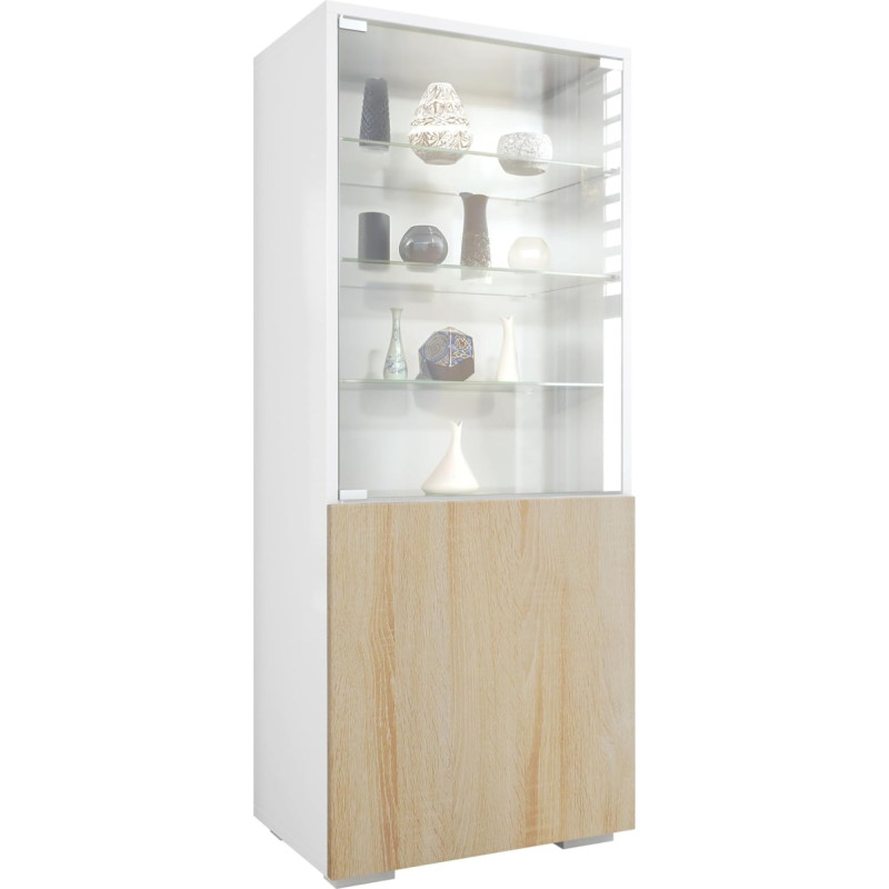 Vladon Granada Showcase, Made in Germany, Display Cabinet with Glass Door and Glass Insert, Matte White / Rough-Sawn Oak (50 x 122.5 x 34.5 cm)