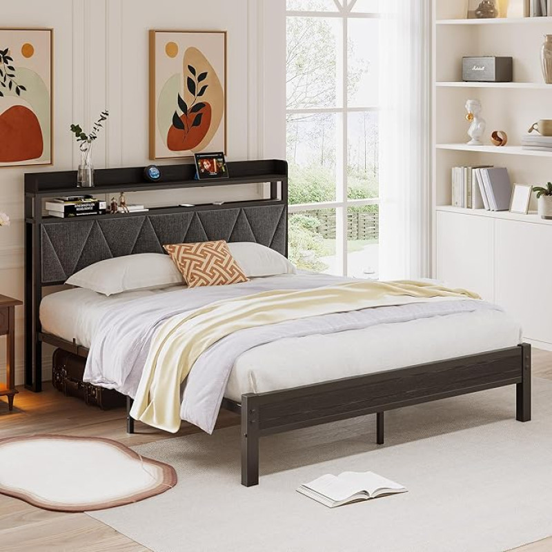 HAHRIR Bed Frame with Padded Wood Metal Bed Frame, Modern Bed Frame with Two Levels of Storage Space, Easy to Assemble, Ideal for Bedroom and Guest Room (140 x 200 cm)