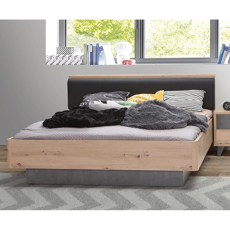 Forte Raven Youth Bed 140 150, Lying Surface: 140 cm x 200 cm, Teenager's Room, Children's Room, Wood Composite, Artisan Oak Wood Decor/Concrete Look, Dark Grey, 146.2 cm Wide x 87.7 cm High x 209.6