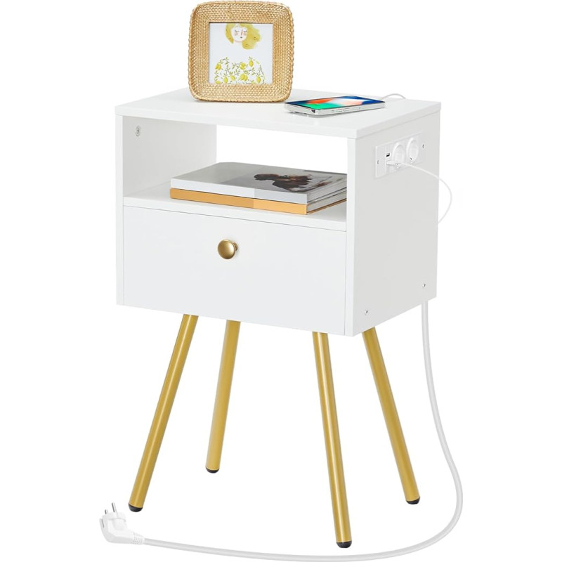 HOOBRO EDW88CBZ01 Bedside Table with Charging Station, Side Table with Drawer and Open Compartment, Sofa Table, 28 x 38 x 60 cm, Side Table for Bedroom, White and Gold