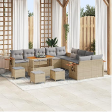 Rantry Garten-Sofa-Set mit 14 Teilen und Kissen Beige Poly Rattan Akazie, Garten-Dining-Set mit 4 Teilen und Kissen Beige Poly Rattan Akazie Gartenlounge Model3363242