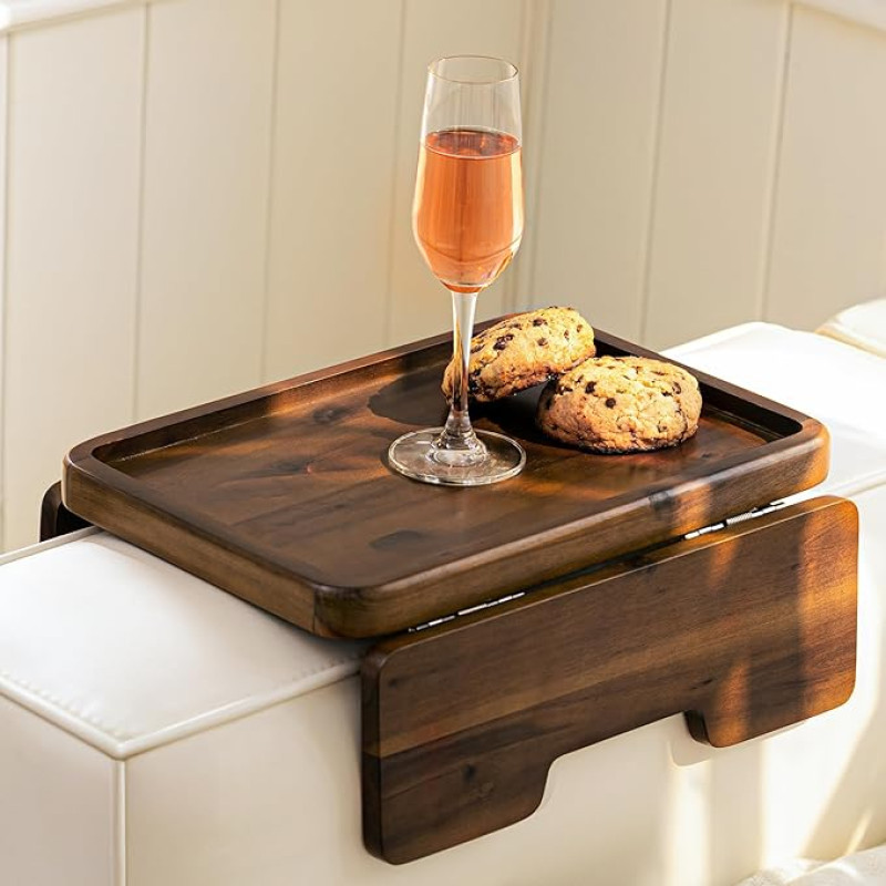 HOLANA Acacia Wood Sofa Armrest Tray, Double Hinge, Sofa Arm Tray, Table Clip, Couch Arm Table, Wooden Side Tables for Small Spaces for Eating and Drinking (Classic, Walnut)