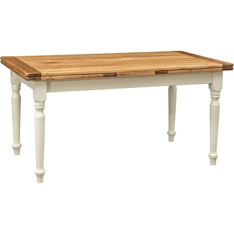 Biscottini L3904-BNT – Extending Table made of solid Basswood, Country-Style Antique Frame and tabletop with a Natural Finish, 160 x 90 x 80 cm, White