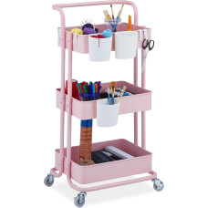 Relaxdays Rolling Trolley, 3 Levels, 2 Brakes, Multi-Purpose Trolley for Kitchen and Office, Rolling Shelf HBT 86 x 38 x 39 cm, Metal, Pink