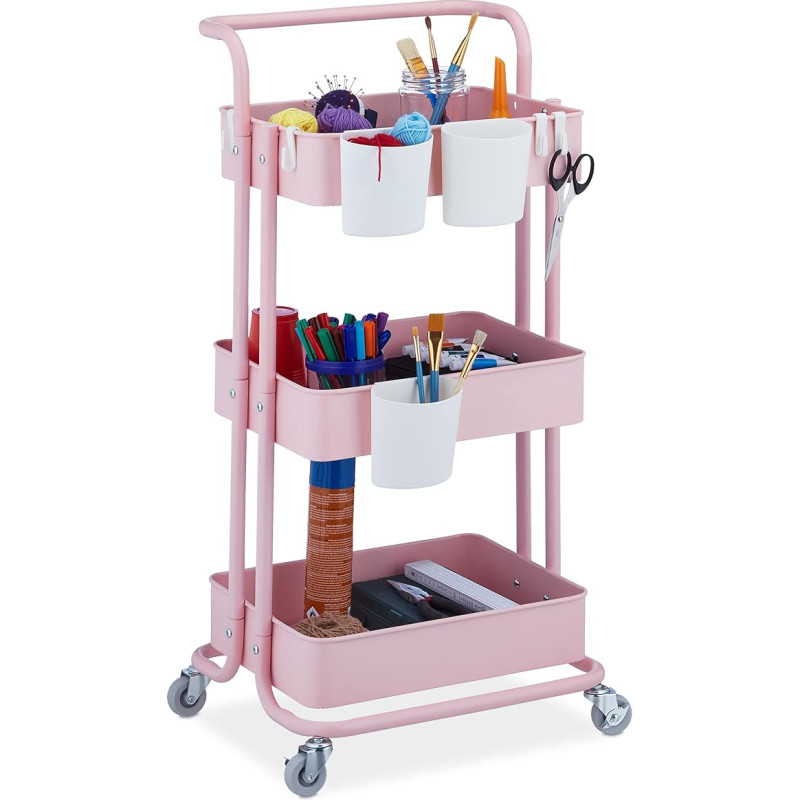 Relaxdays Rolling Trolley, 3 Levels, 2 Brakes, Multi-Purpose Trolley for Kitchen and Office, Rolling Shelf HBT 86 x 38 x 39 cm, Metal, Pink