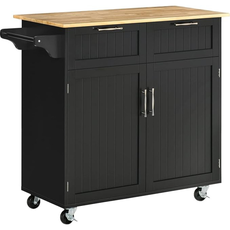 HOMCOM Multi-Purpose Wooden Kitchen Trolley with 2 Drawers, Cabinet and 4 Wheels, 104 x 46 x 91 cm, Black