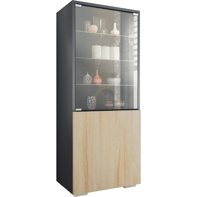 Vladon Granada Showcase, Made in Germany, Display Cabinet with Glass Door and Glass Insert, Anthracite Matte/Rough-Sawn Oak (50 x 122.5 x 34.5 cm)