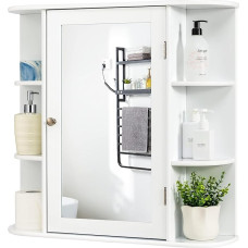FANTASK Bathroom Mirror Cabinet, Wooden Bathroom Cabinet with 4 Compartments and 6 Open Shelves, Hanging Bathroom Cabinet with Mirror, Bathroom Wall Cabinet, 66 x 17 x 63 cm, White