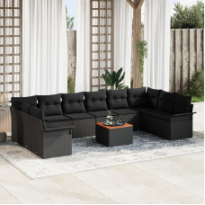 Rantry 11-teiliges Garten Sofa Set mit Kissen Schwarz Poly Rattan Akazie, 2-Sitzer Garten Sofa mit Stauraum & Kissen Schwarz Poly Rattan Gartenlounge Model3356049