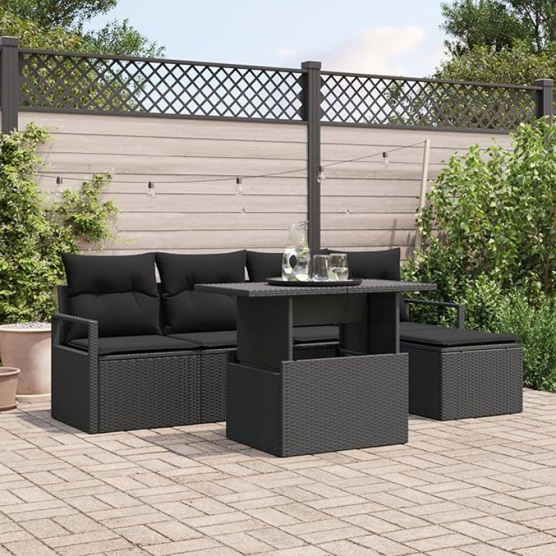 Rantry 6-teiliges Garten-Sofa-Set mit Kissen Schwarzes Poly-Rattan, 2-Sitzer Garten-Sofa mit Stauraum und Kissen Schwarzes Poly-Rattan Gartenlounge Model3357546