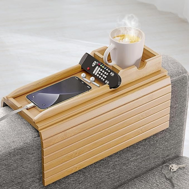 Bamboo Sofa Armrest Tray with Removable Cup Holder, Foldable Non-Slip Sofa Table Armrest for Drinks, Snacks, Remote Controls and Mobile Phones, Universal Fit Couch Cup Holder