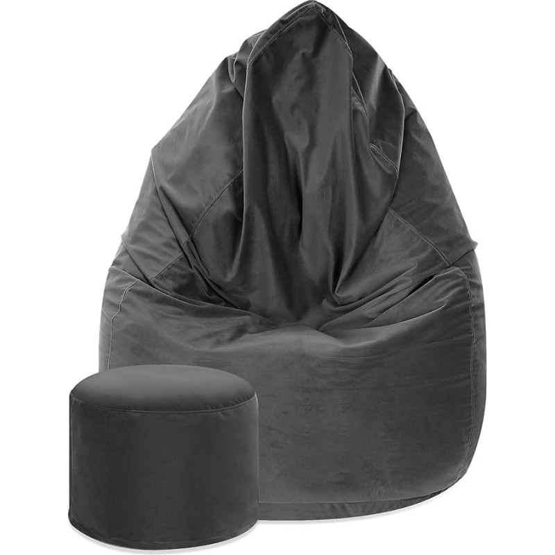 DreamRoots Bean Bag Chair 80 x 80 x 120 cm - Velvet Fabric Bean Bag Bean Bag with Backrest and Stool and Cover - Seat Cushion Base with Filling