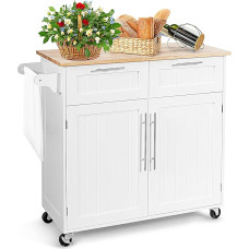 GIANTEX Kitchen Trolley with Worktop, Kitchen Cabinet on Wheels, Wooden Serving Trolley with Towel Holder, Movable Kitchen Island, Kitchen Trolley with 2 Drawers, Kitchen Trolley Vegetable Trolley