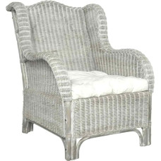 vidaXL Armchair with Cushion, Rattan Chair, Relaxing Chair, Lounge Chair, Armchair, Wingback Chair, Sofa, Living Room, Grey, Natural Rattan Linen