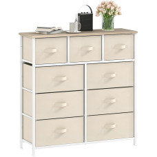 DWVO Chest of Drawers with 9 Drawers, Fabric Cabinet with Handles, Metal Frame & MDF Wooden Top, Durable, for Bedroom & Living Room, Cream White